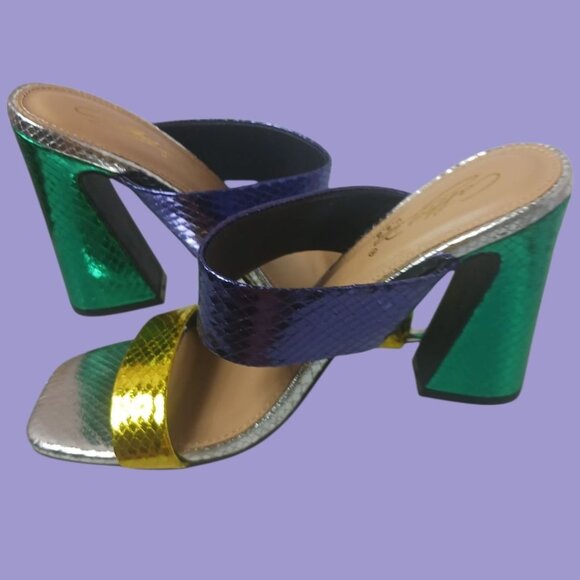 Cathy Din Faux Snake Skin Print Sandals Womens Metallics Purple Gold  Sz 6.5 - Picture 13 of 15
